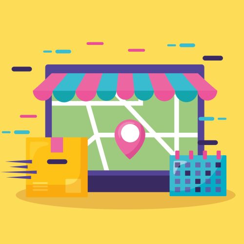 laptop calendar cardboard box map fast delivery business vector illustration